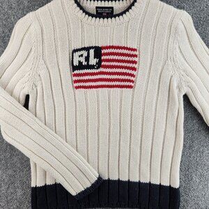 Polo Jeans Co American Flag Sweater Women Large Crew Neck White Blue Logo USA